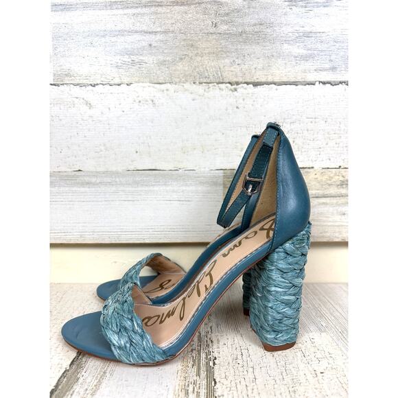 Sam Edelman Women’s 7 Blue Yoana Raffia Leather Ankle Strap Heeled Sandals - Picture 1 of 9